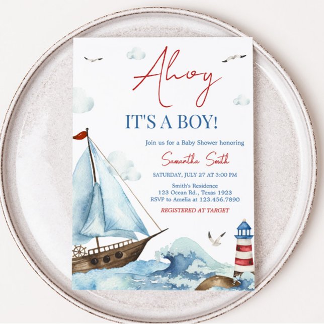 Red Blue Nautical Baby Shower Inbjudningar (Ahoy It’s A Boy Baby Shower Invitation)