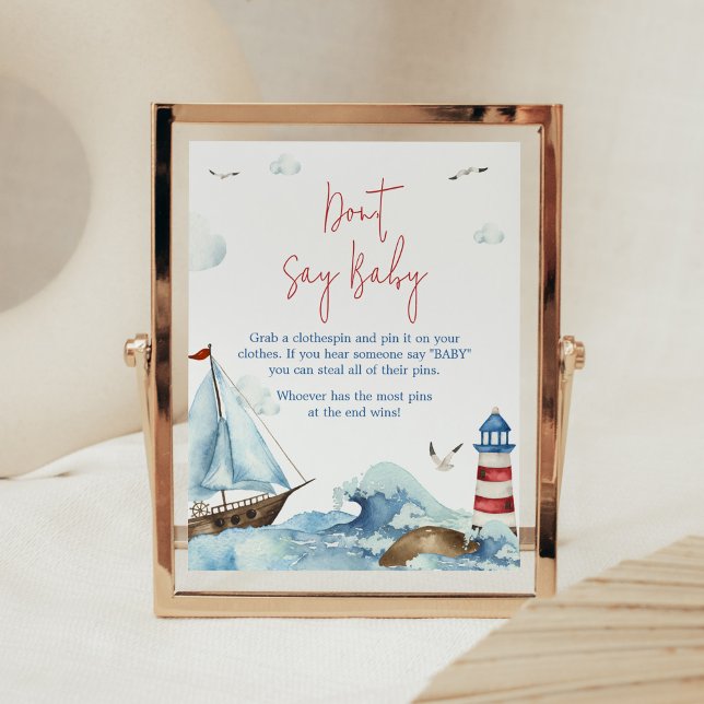 Red Blue Nautical Baby Shower Säg inte Baby Poster (Ahoy It’s A Boy Baby Shower Don't Say Baby Sign)