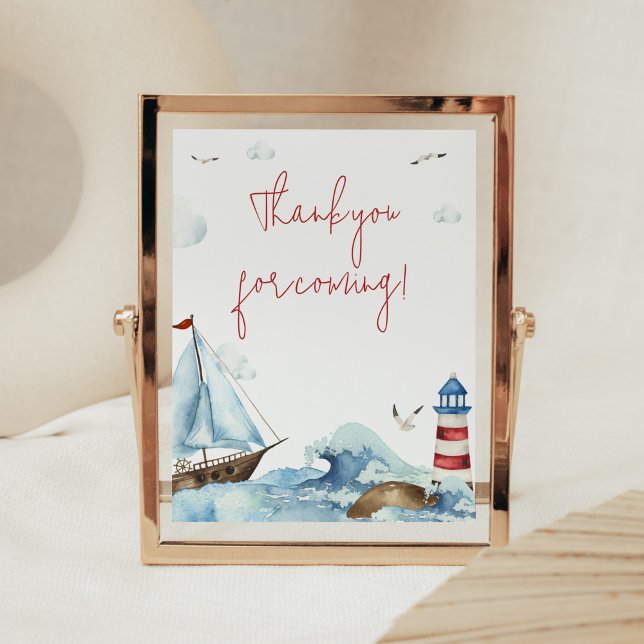 Red Blue Nautical Baby Shower Tack för att du kom Poster (Ahoy It’s A Boy Baby Shower Thank you for Coming Sign)