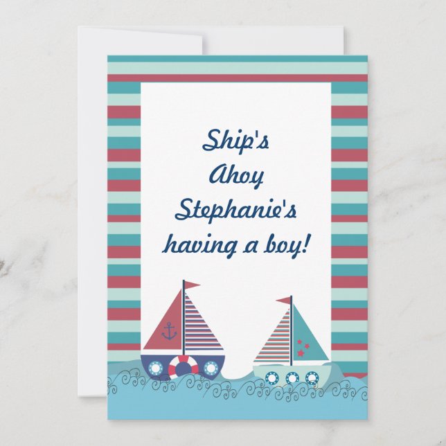 Red Blue Nautical Sailing Boat Baby Shower Inbjuda Inbjudningar (Framsida)