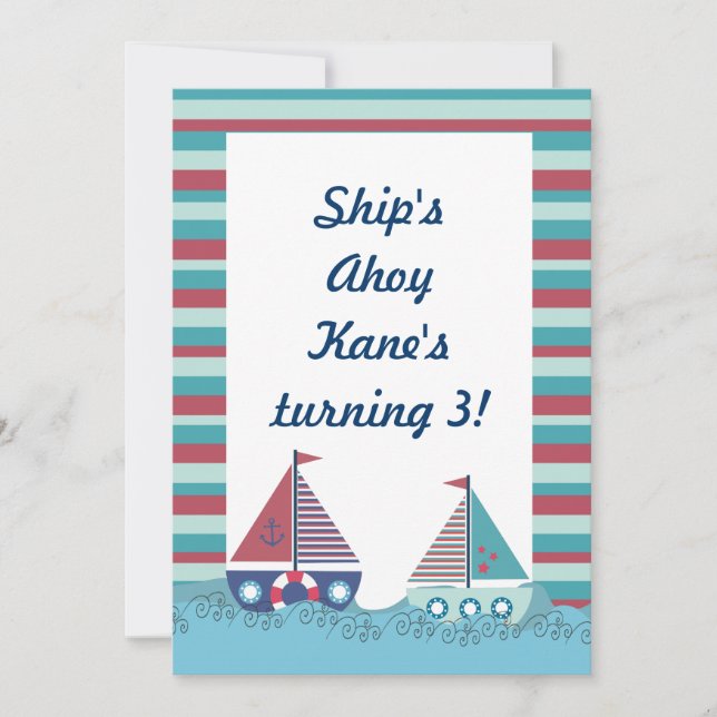 Red Blue Nautical Sailing Boat Birthday Inbjudan (Framsida)
