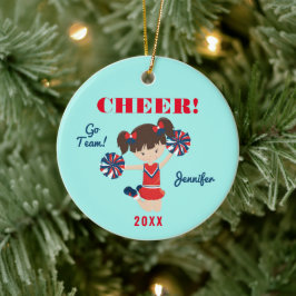 Red, Blue och Aqua Cheer Brunette CheerLedare Julgransprydnad Keramik