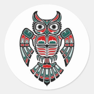 Red Blue och Black Haida Spirit Uggla Runt Klistermärke