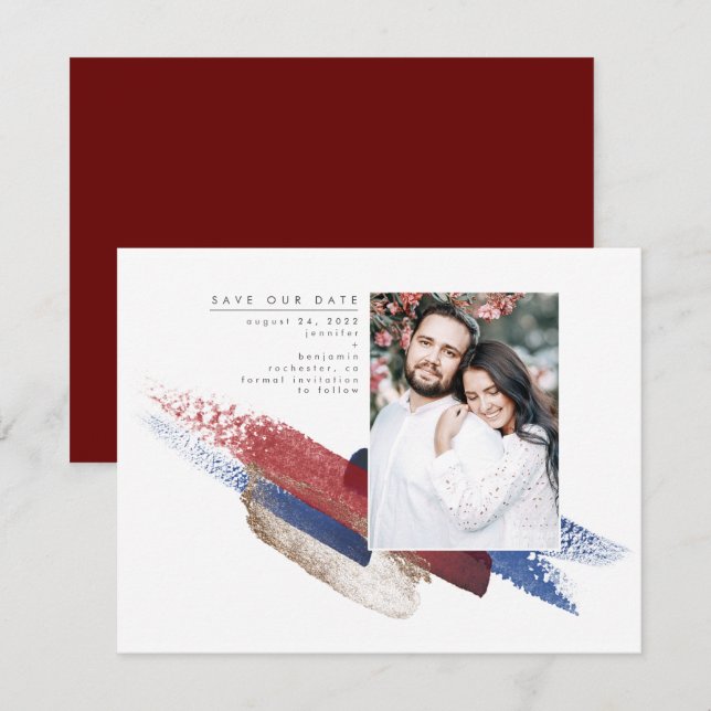 Red Blue och Guld Modern Save Date Photo Spara Datumet (Fram/baksida)