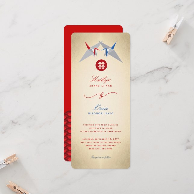 Red & Blue Papper Cranes Origami Chinese Bröllop Inbjudningar (Fram/Back In Situ)