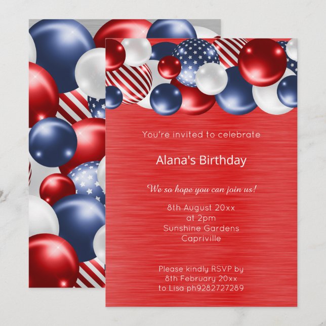 RED BLUE PATRIOTIC BALLOON BIRTHDAY INBJUDNINGAR (Fram/baksida)
