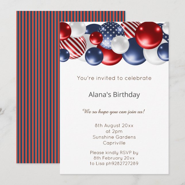 RED BLUE PATRIOTIC STRIPED BALLOON INBJUDNINGAR (Fram/baksida)