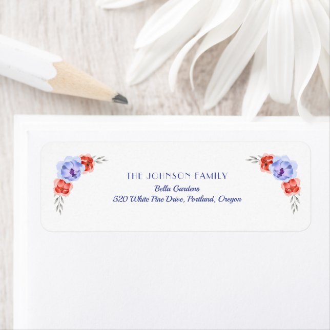 Red Blue Peony WAN Baby Shower Returadress Etikett (Insitu)