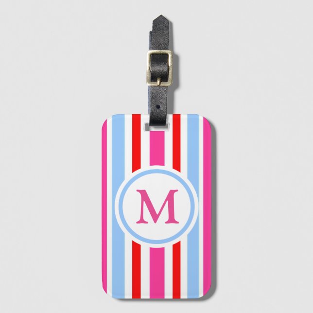 Red Blue Pink Candy Stripes Monogram Bagagebricka (Framsida vertikal)