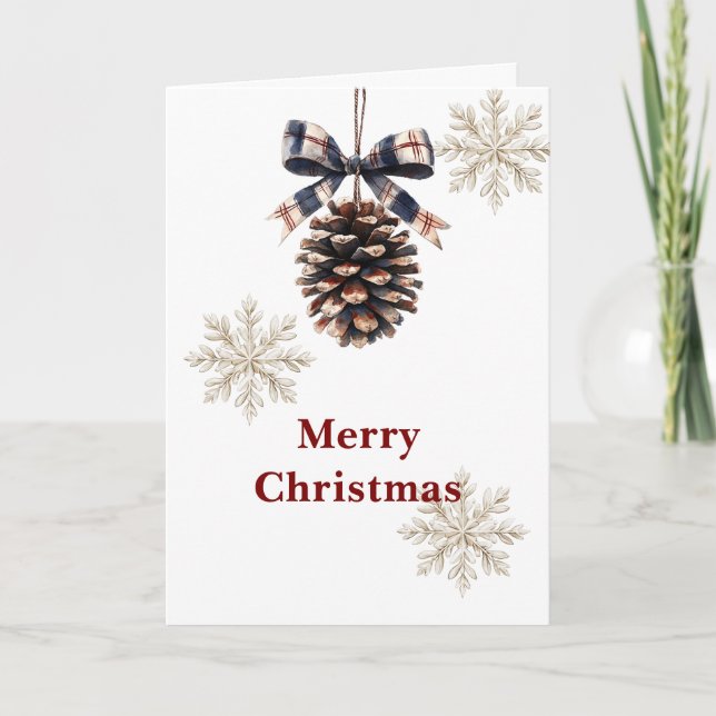 Red Blue Plaid Cream Bow Pine Cone Christmas Kort (Framsida)