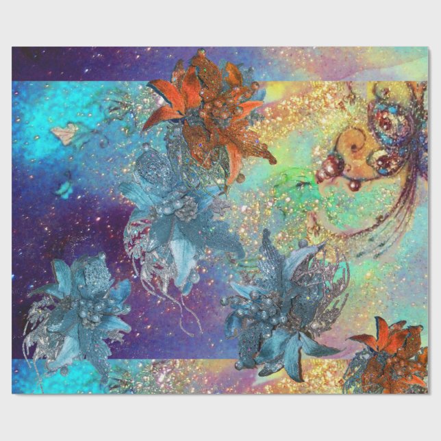 RED BLUE POINSETTIAS, BUTTERFLY I GULD SPARKLES PRESENTPAPPER (Platt)