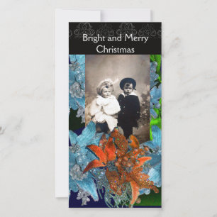 RED BLUE POINSETTIAS,CHRISTMAS STARS I SPARKLES JULKORT