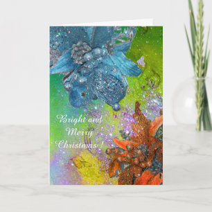 RED BLUE POINSETTIAS,JULAFTON STARS I GRÖNT SPARKL HELGKORT