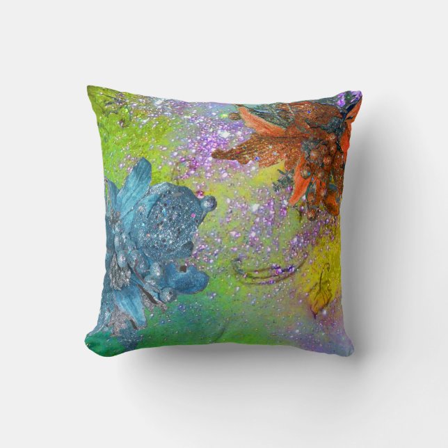 RED BLUE POINSETTIAS,JULAFTON STARS I GRÖNT SPARKL KUDDE (Framsida)