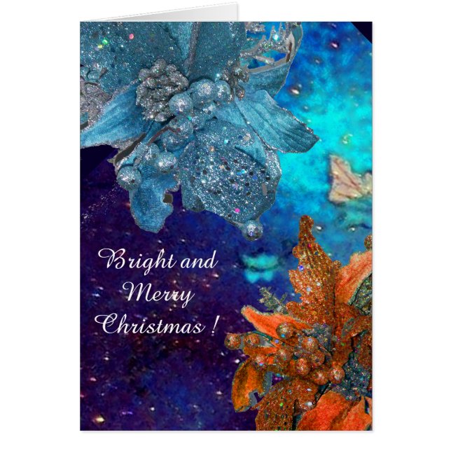 RED BLUE POINSETTIAS,JULAFTON STARS I SILVER SPARK HÄLSNINGSKORT (Framsidan)