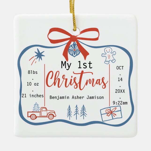 Red & Blue Pojke's 1st jul Birth Stats Julgransprydnad Keramik (Framsida)