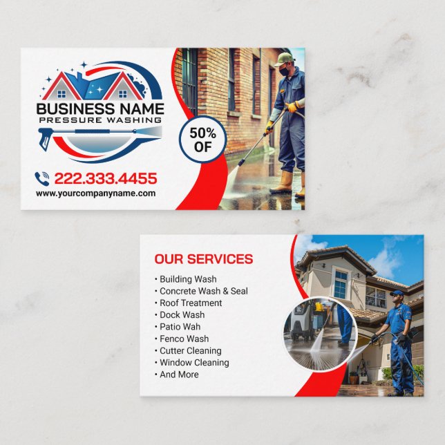 Red Blue Power Wash House Cleaning Services Visitkort (Fram/baksida)