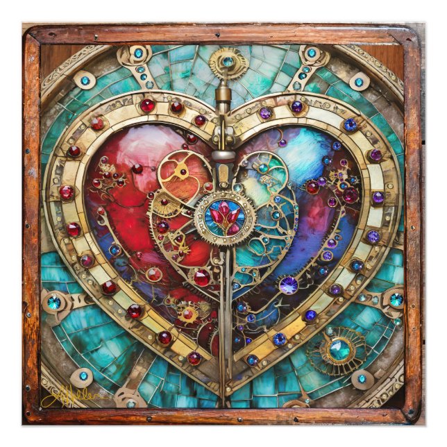 Red & Blue Stached Glass Heart Steampunk Series Fototryck (Framsidan)
