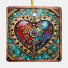 Red & Blue Stached Glass Heart Steampunk Series Julgransprydnad Keramik