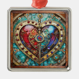 Red & Blue Stached Glass Heart Steampunk Series Julgransprydnad Metall