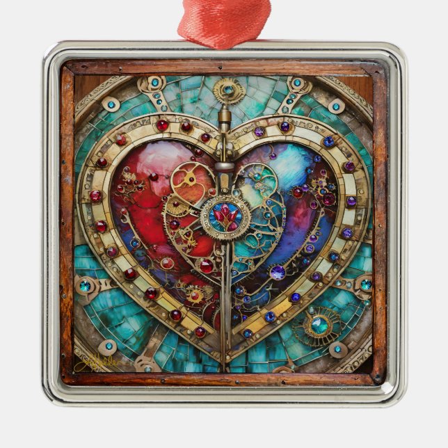 Red & Blue Stached Glass Heart Steampunk Series Julgransprydnad Metall (Framsidan)
