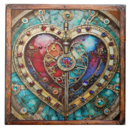 Red & Blue Stached Glass Heart Steampunk Series Kakelplatta