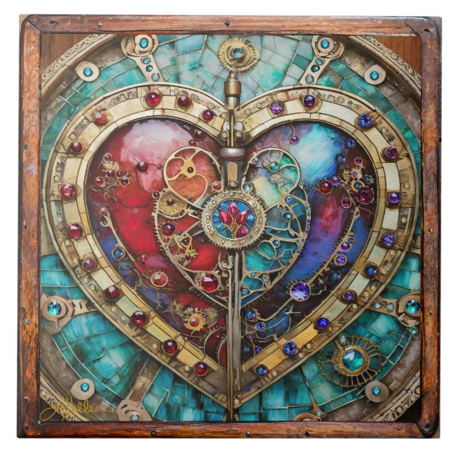 Red & Blue Stached Glass Heart Steampunk Series Kakelplatta (Framsidan)