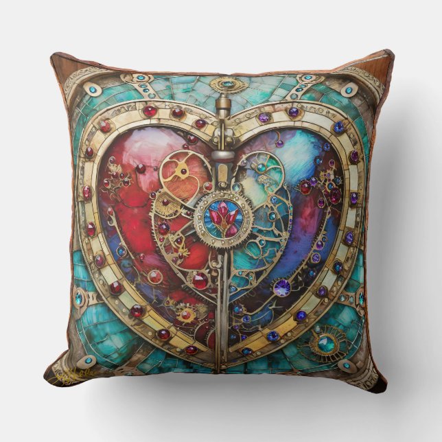 Red & Blue Stached Glass Heart Steampunk Series Kudde (Framsida)