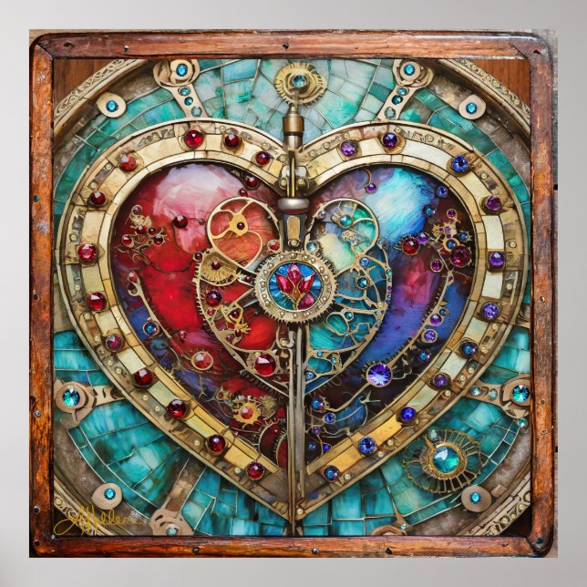 Red & Blue Stached Glass Heart Steampunk Series Poster (Framsidan)