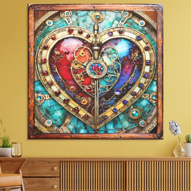 Red & Blue Stained Glass Heart Steampunk Series Canvastryck (Insitu (Vardagsrum))