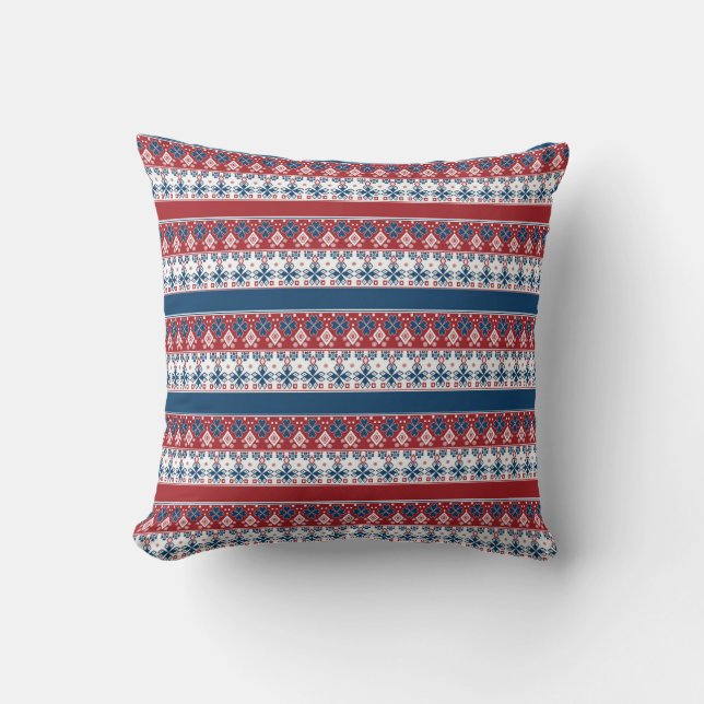 Red Blue Stripe Norska Mönster Kudde (Framsida)