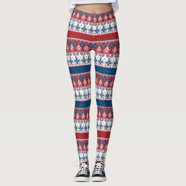Red Blue Stripe Norska Mönster Leggings (Framsida)