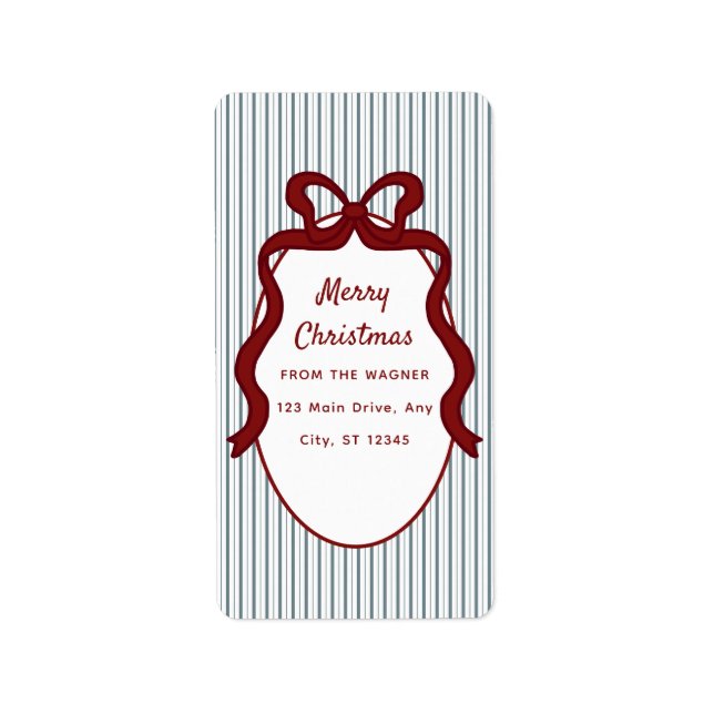 Red Blue Stripes & Bow Frame Christmas  Adressetikett (Framsidan)