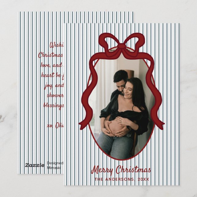 Red Blue Stripes & Bow Frame Christmas Photo Julkort (Fram/baksida)