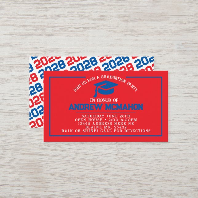 Red & Blue Studenten Mini Studenten Inbjudan (Red and Blue Mini Graduation Invites for Friends, Team Mates or as Inserts!)