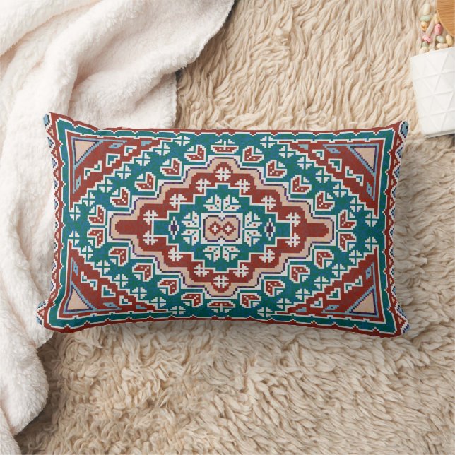 Red Blue Teal Native Indian Navajo Lumbarkudde (Filt)