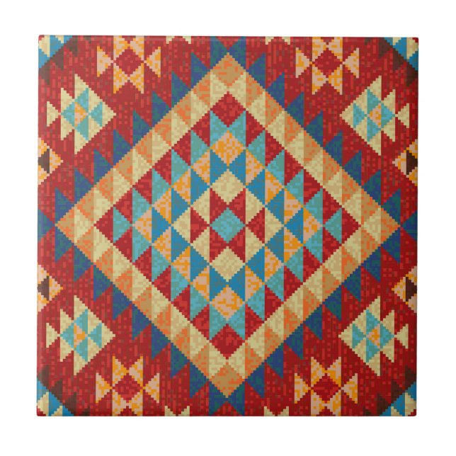 Red Blue Teal Orange Gult Oriental Kilim Mönster Kakelplatta (Framsidan)