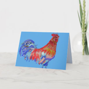 Red Blue Tupp Chicken Bird Watercolor Card Kort