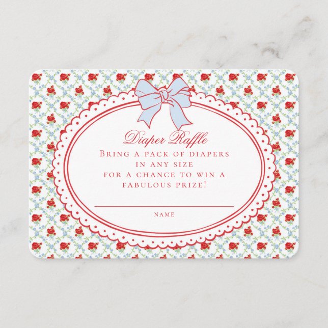 Red & Blue Vintage Floral Diaper Raffle Insert Tilläggskort (Framsida)