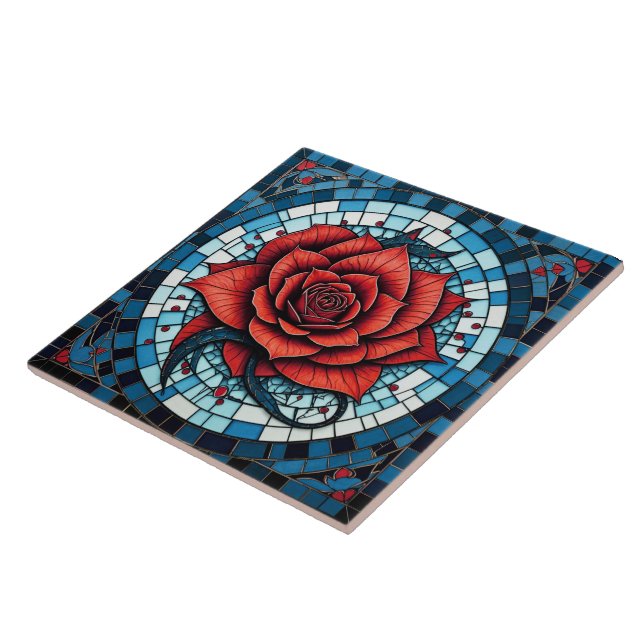 Red Blue White Mosaic Ro Flower Kakelplatta (Sidan)
