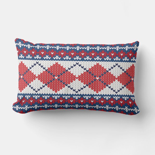Red Blue & White Nordic Fair Isle Argyle Mönster Lumbarkudde (Framsida)