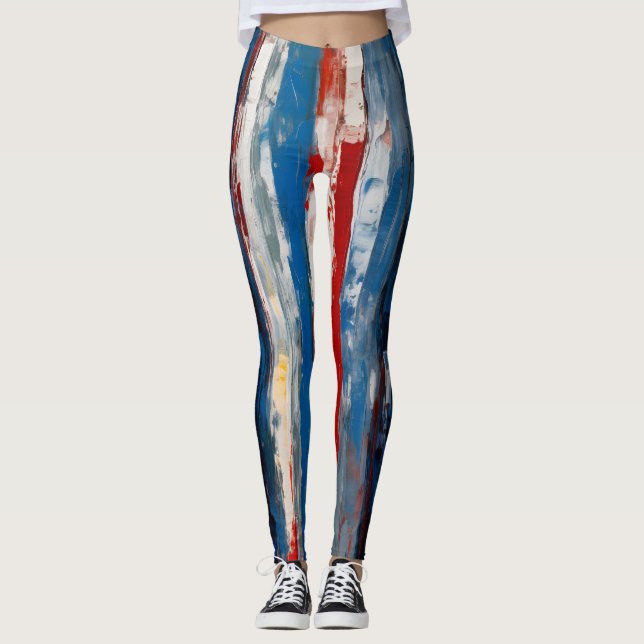 Red Blue White Painting Lodrät Abstrakt Rand Leggings (Framsida)