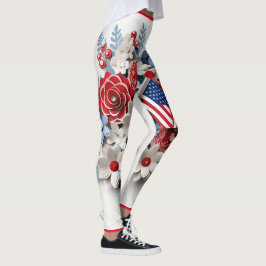 Red Blue White Patriotic 3D Flowers Leggings