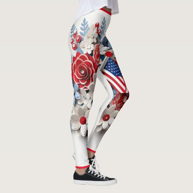 Red Blue White Patriotic 3D Flowers Leggings (Höger)