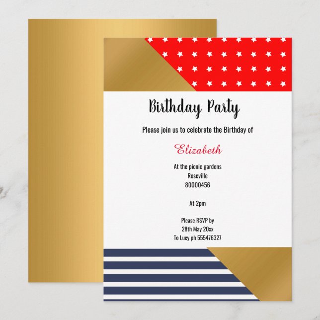 RED BLUE WHITE STARS & RAND BIRTHDAY INBJUDNINGAR (Fram/baksida)