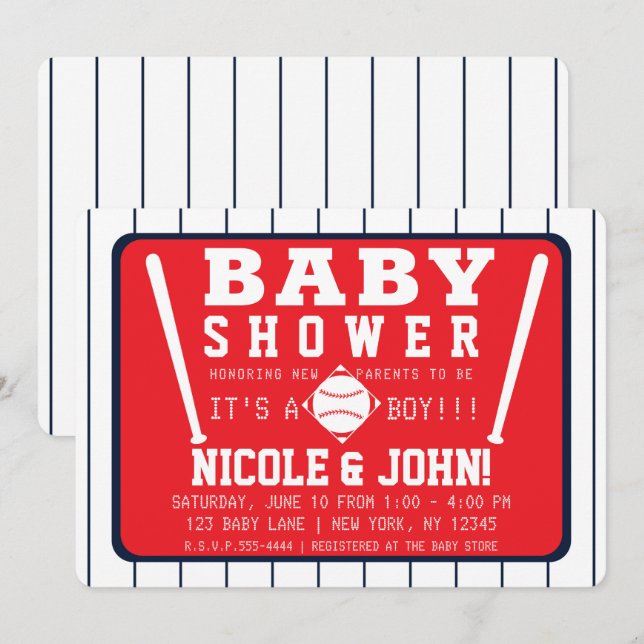 Red Blue & White Streck Baseball Baby Shower Inbjudningar (Fram/baksida)
