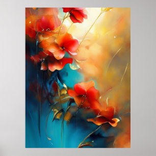 Red Blue White Teal Cream Flowers BeSnyval Poster