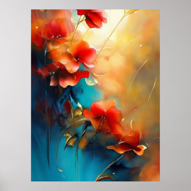 Red Blue White Teal Cream Flowers BeSnyval Poster (Framsidan)