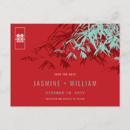 Red Blue Zen Bamboo Chinese Bröllop spara datum Meddelande Vykort