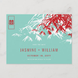 Red Blue Zen Bamboo Chinese Bröllop spara datum Meddelande Vykort